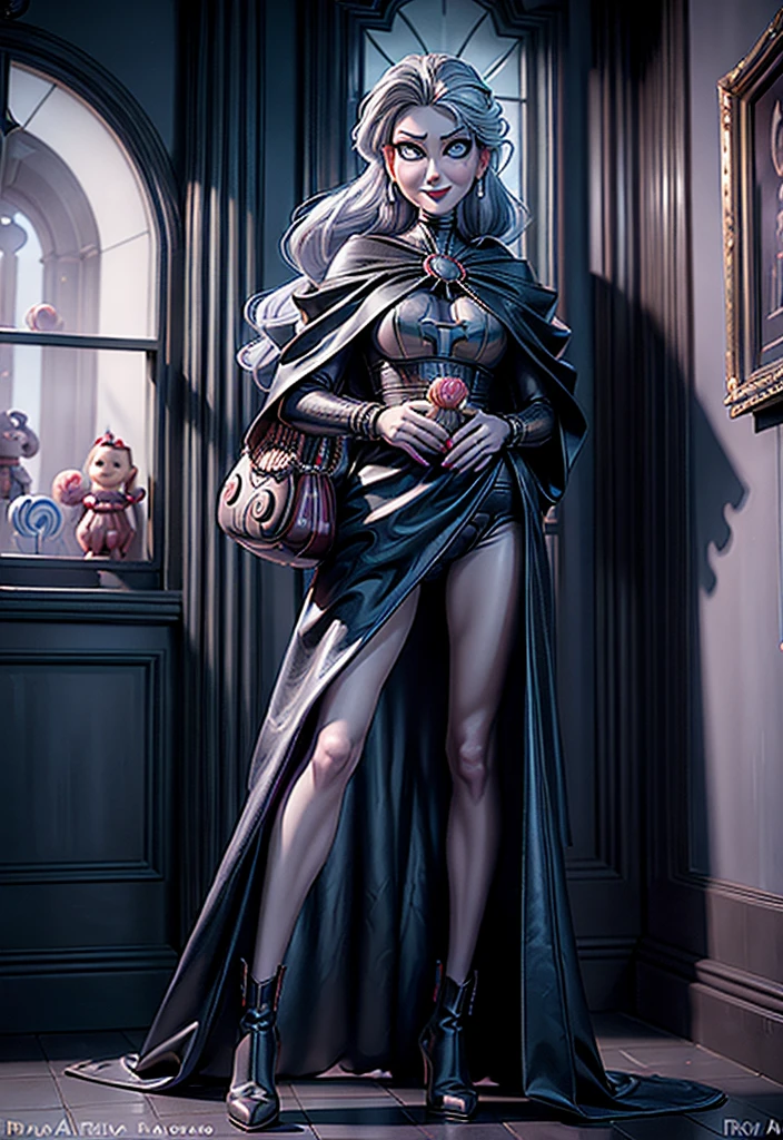 a portrait of (Pixar art: 1.5)  icture of vampire standing in the front of her home holding a (candy bag: 1.2), an exquisite beautiful female vampire in her front door of her home, full body (ultra detailed, Masterpiece, best quality), ultra detailed face (ultra detailed, Masterpiece, best quality), grey skin: 1.3 , blond hair, hair in a ponytail, long hair, blue eyes, cold eyes, glowing eyes, intense eyes, smile with [drops of blood on face] (ultra detailed, Masterpiece, best quality), dark red lips, [vampire fangs], wearing white dress (ultra detailed, Masterpiece, best quality), dark blue cloak, high heeled boots in front of her home, (holding a candy bag: 1.4), high details, best quality, 16k, [ultra detailed], masterpiece, best quality, (ultra detailed), full body, ultra wide shot, photorealism, luis royo style, dark fantasy art, moon light coming through the window, moon rays, gothic art, sense of dread, sense of seduction,pixarstyle