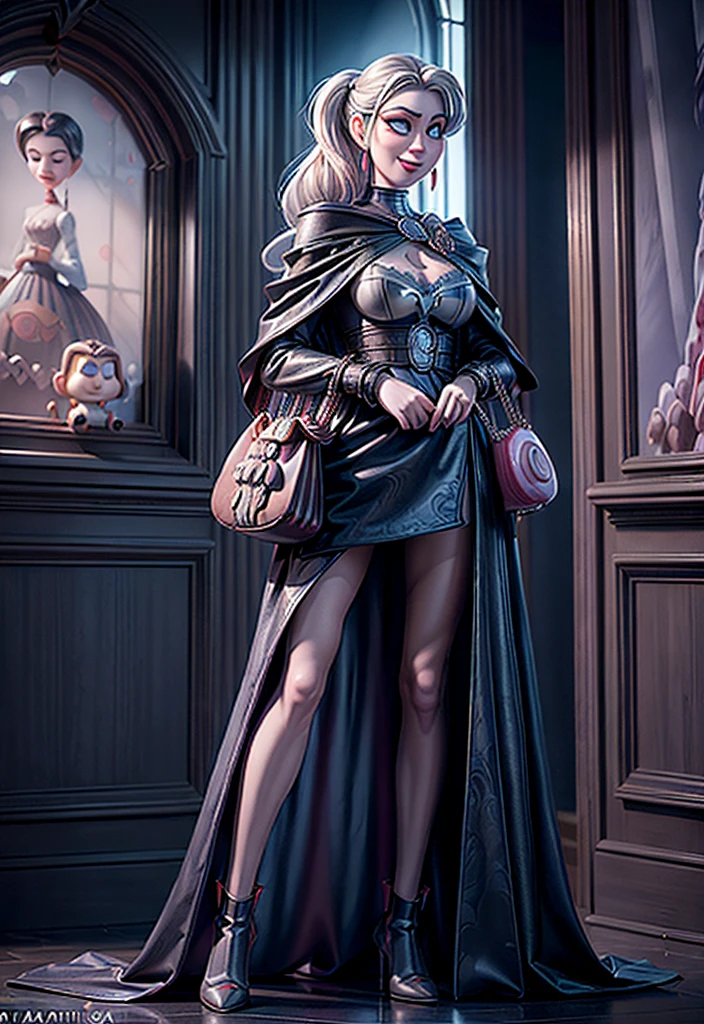 a portrait of (Pixar art: 1.5)  icture of vampire standing in the front of her home holding a (candy bag: 1.2), an exquisite beautiful female vampire in her front door of her home, full body (ultra detailed, Masterpiece, best quality), ultra detailed face (ultra detailed, Masterpiece, best quality), grey skin: 1.3 , blond hair, hair in a ponytail, long hair, blue eyes, cold eyes, glowing eyes, intense eyes, smile with [drops of blood on face] (ultra detailed, Masterpiece, best quality), dark red lips, [vampire fangs], wearing white dress (ultra detailed, Masterpiece, best quality), dark blue cloak, high heeled boots in front of her home, (holding a candy bag: 1.4), high details, best quality, 16k, [ultra detailed], masterpiece, best quality, (ultra detailed), full body, ultra wide shot, photorealism, luis royo style, dark fantasy art, moon light coming through the window, moon rays, gothic art, sense of dread, sense of seduction,pixarstyle