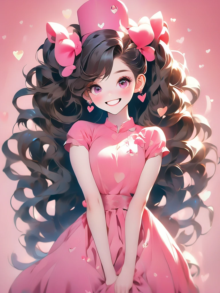 ((masterpiece,best quality)), absurdres,
smile, looking at viewer,
Hu_Tao_Genshin, 1girl, very long hair, brown hair, red eyes, brown eyes, flower-shaped pupils, twintails, hu tao \(genshin impact\), hat,
pink theme, head tilt, 
blush, box, closed mouth, commentary request, creatures (company), dress, earrings, eyelashes, game freak, gift, gift box,  holding gift, jewelry, nintendo, pink dress, red shirt, shirt, short sleeves, waist apron, wrist cuffs, heart, grin, simple background, pink background, hearts background,