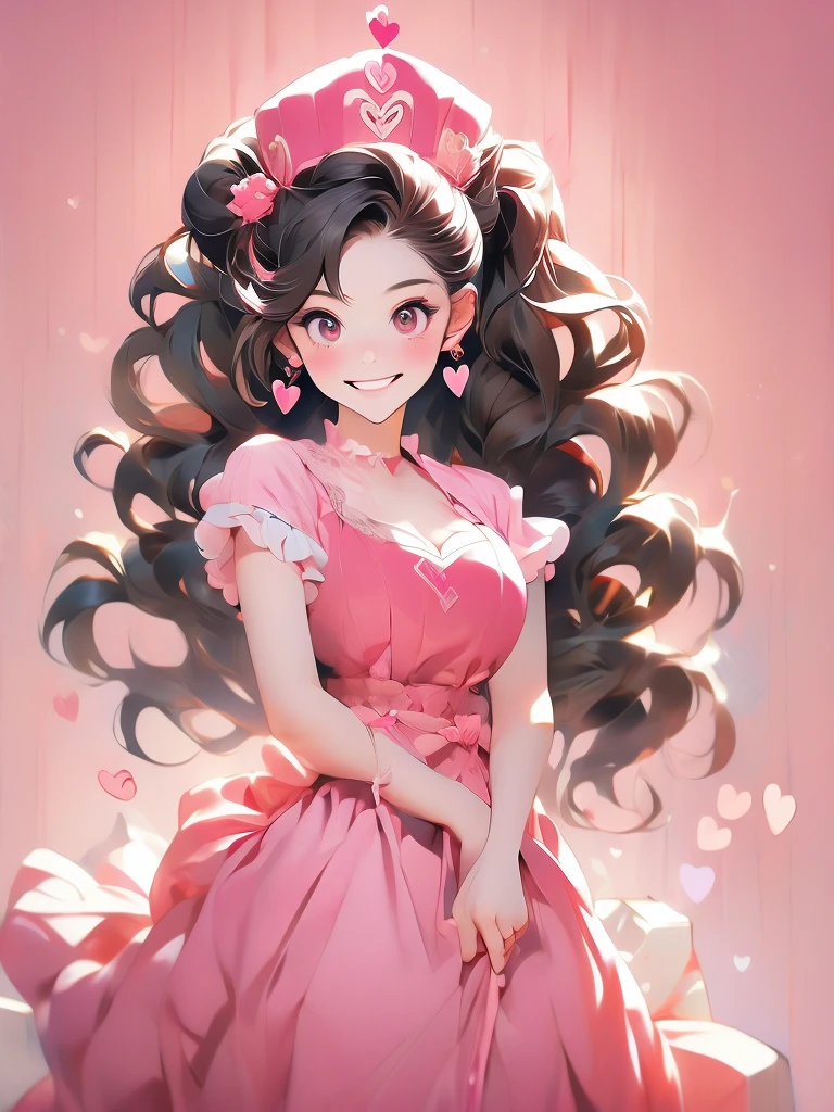 ((masterpiece,best quality)), absurdres,
smile, looking at viewer,
Hu_Tao_Genshin, 1girl, very long hair, brown hair, red eyes, brown eyes, flower-shaped pupils, twintails, hu tao \(genshin impact\), hat,
pink theme, head tilt, 
blush, box, closed mouth, commentary request, creatures (company), dress, earrings, eyelashes, game freak, gift, gift box,  holding gift, jewelry, nintendo, pink dress, red shirt, shirt, short sleeves, waist apron, wrist cuffs, heart, grin, simple background, pink background, hearts background,