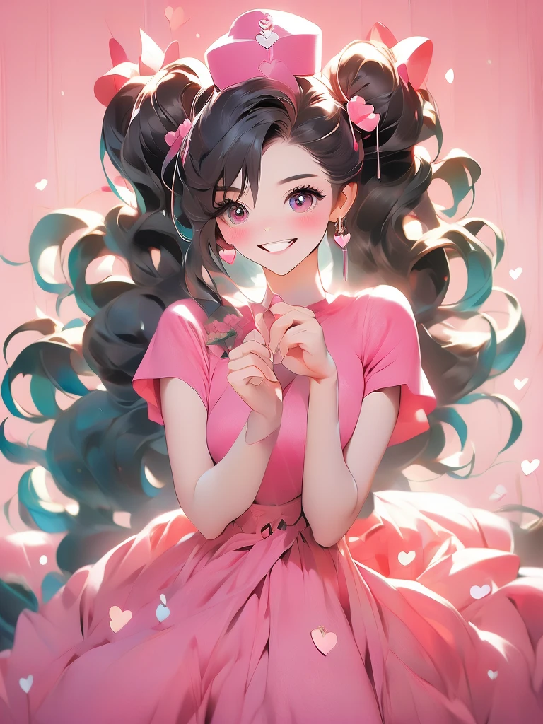 ((masterpiece,best quality)), absurdres,
smile, looking at viewer,
Hu_Tao_Genshin, 1girl, very long hair, brown hair, red eyes, brown eyes, flower-shaped pupils, twintails, hu tao \(genshin impact\), hat,
pink theme, head tilt, 
blush, box, closed mouth, commentary request, creatures (company), dress, earrings, eyelashes, game freak, gift, gift box,  holding gift, jewelry, nintendo, pink dress, red shirt, shirt, short sleeves, waist apron, wrist cuffs, heart, grin, simple background, pink background, hearts background,