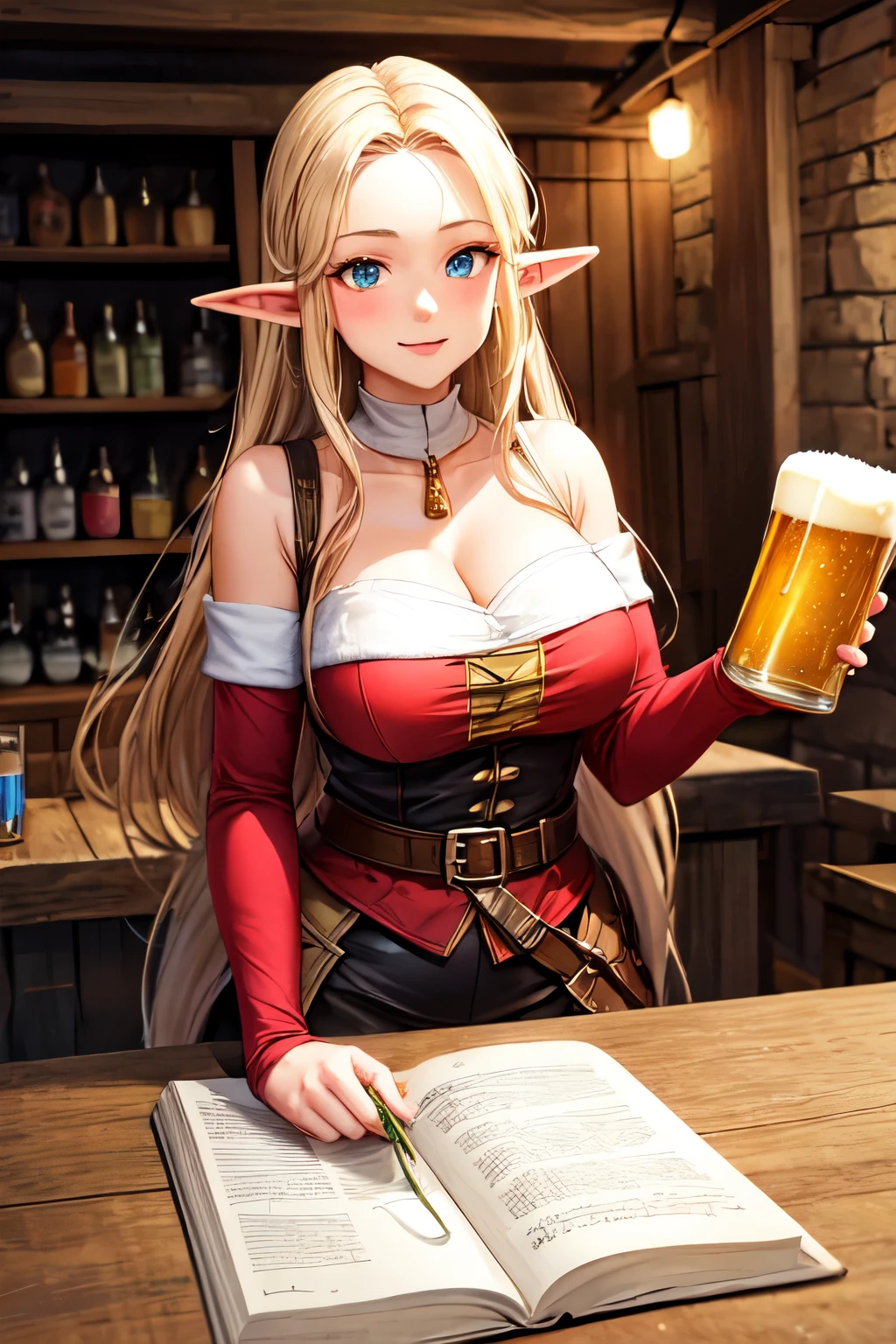 elf woman in a medieval tavern drinking beer