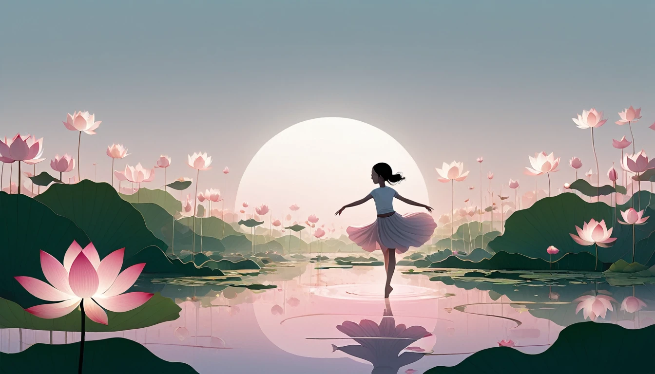 vector,Flat form,illustration,The Minimalists,数字艺术illustration,Pink hue,Abstract,artistic conception,Blooming,Lotus Pond,A lot of white space in the center of the screen;Huge lotus flowers。Silhouette of a little girl dancing in the background;