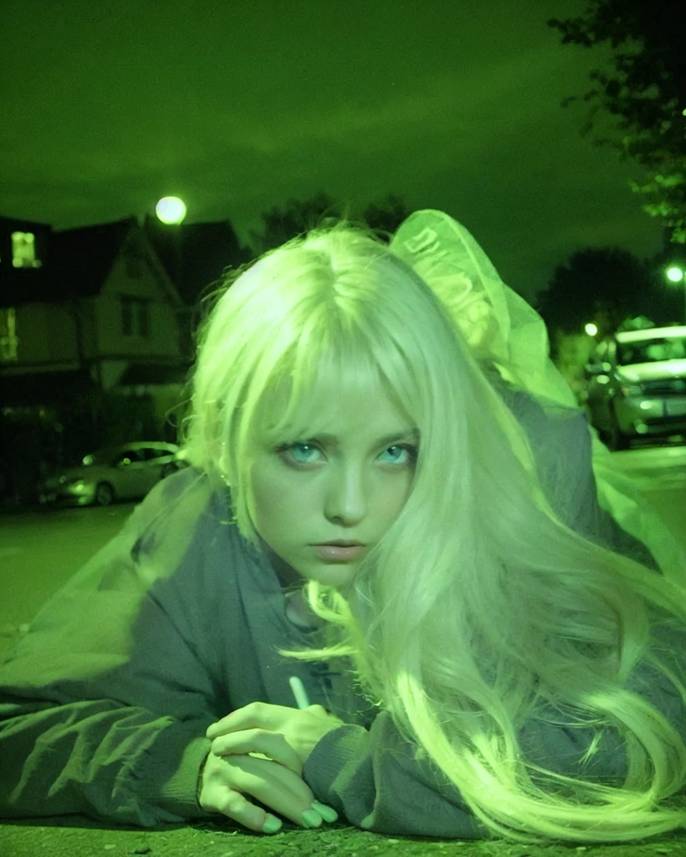  Create an image featuring a person with long, black-colored hair with bangs lying on the ground in an urban nighttime setting. The scene should be illuminated with a greenish, eerie light, giving the image a surreal and otherworldly appearance. The background should include elements like houses, parked cars, and streetlights, enhancing the nighttime atmosphere. The person’s expression should be slightly melancholic or contemplative, adding to the overall mysterious and moody vibe of the image.
