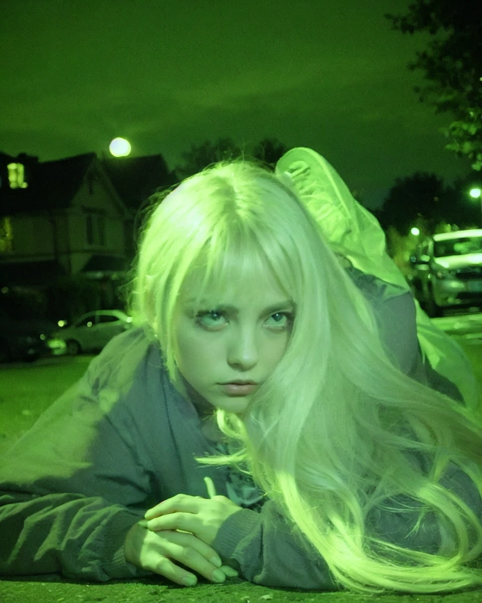 Create an image featuring a person with long, black-colored hair with bangs lying on the ground in an urban nighttime setting. The scene should be illuminated with a greenish, eerie light, giving the image a surreal and otherworldly appearance. The background should include elements like houses, parked cars, and streetlights, enhancing the nighttime atmosphere. The person’s expression should be slightly melancholic or contemplative, adding to the overall mysterious and moody vibe of the image.