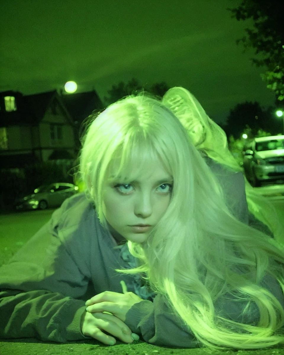 Create an image featuring a person with long, black-colored hair with bangs lying on the ground in an urban nighttime setting. The scene should be illuminated with a greenish, eerie light, giving the image a surreal and otherworldly appearance. The background should include elements like houses, parked cars, and streetlights, enhancing the nighttime atmosphere. The person’s expression should be slightly melancholic or contemplative, adding to the overall mysterious and moody vibe of the image.