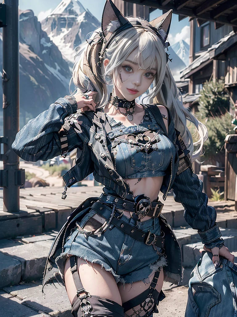 (Full Body View:1.3)、(Beautiful lips and nose:1.4)、(Long eyelashes:1.4)、(Side view:1.1)、(Smiling with teeth showing:1.3),(Shibuya Gal:1.5)、(Gothic ta delicately decorated dress:1.5)、(Tattered denim and black punk rock cargo pants:1.5)、(Denim and black navy skull mark small jacket:1.4)、(denim garter belt:1.5)、(Black and denim knee socks:1.3)、(Skull Silver Accessories:1.5)、(Denim collar:1.3)、(Brown Skin Belt:1.4)、(Brown boots:1.2)、(The underwear is striped:1.4)、31 years old、((Highest quality、In 8K、masterpiece:1.3))、Sharp focus:1.2、(Layered Cut、Huge boobs:1.1),Beautiful woman with perfect figure:1.4、(Dancing vigorously:1.3)、Slender Abs:1.2、Highly detailed face and skin texture、Detailed eyes、double eyelid,(Twin tails:1.3)、(Cream colored hair:1.3)、Gravure idol、(The background is a vast mountain with a clear view々Beautiful luxury resort destination in Europe:1.3)、(Slim body:1.2),(Make your legs thinner:1.4),(clavicle:1.1)