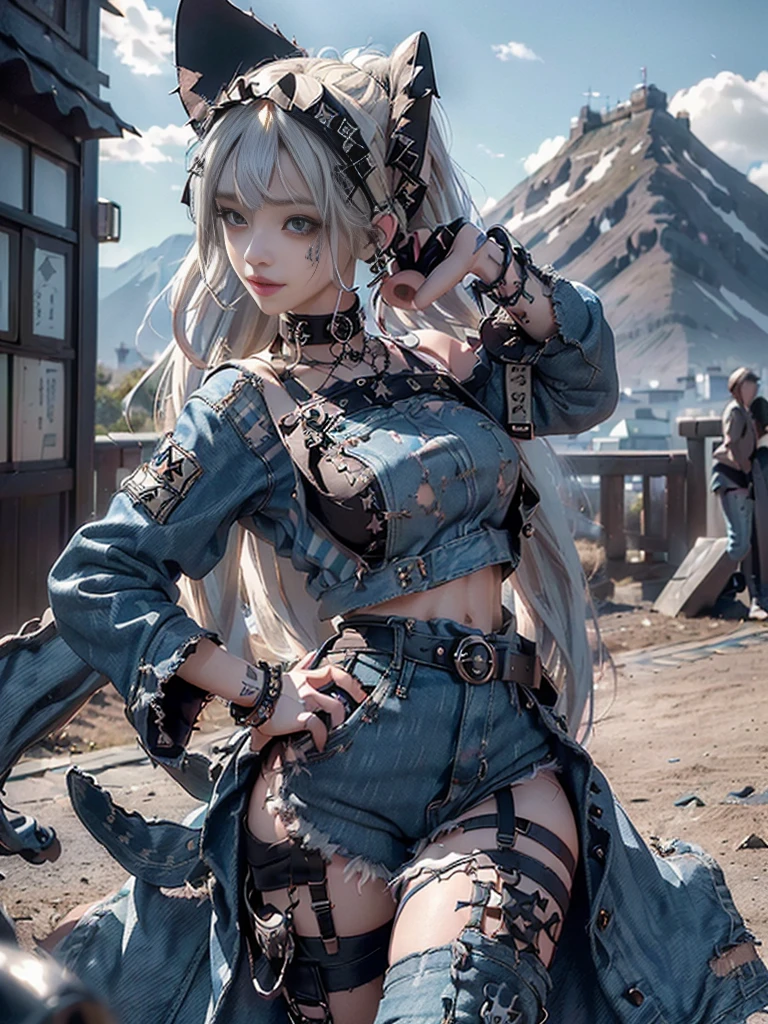 (Full Body View:1.3)、(Beautiful lips and nose:1.4)、(Long eyelashes:1.4)、(Side view:1.1)、(Smiling with teeth showing:1.3),(Shibuya Gal:1.5)、(Gothic Lolita delicately decorated dress:1.5)、(Tattered denim and black punk rock cargo pants:1.5)、(Denim and black navy skull mark small jacket:1.4)、(denim garter belt:1.5)、(Black and denim knee socks:1.3)、(Skull Silver Accessories:1.5)、(Denim collar:1.3)、(Brown Skin Belt:1.4)、(Brown boots:1.2)、(The underwear is striped:1.4)、31 years old、((Highest quality、In 8K、masterpiece:1.3))、Sharp focus:1.2、(Layered Cut、Huge boobs:1.1),Beautiful woman with perfect figure:1.4、(Dancing vigorously:1.3)、Slender Abs:1.2、Highly detailed face and skin texture、Detailed eyes、double eyelid,(Twin tails:1.3)、(Cream colored hair:1.3)、Gravure idol、(The background is a vast mountain with a clear view々Beautiful luxury resort destination in Europe:1.3)、(Slim body:1.2),(Make your legs thinner:1.4),(clavicle:1.1)