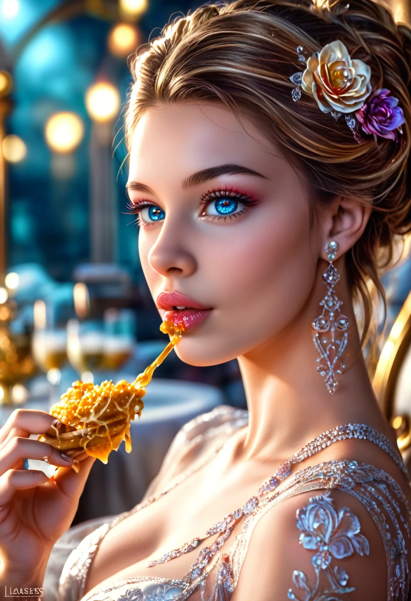 a beautiful girl eating food,1girl,beautiful detailed eyes,beautiful detailed lips,extremely detailed eyes and face,longeyelashes,elegant,delicate,intricate details,high quality,masterpiece,photorealistic,cinematic lighting,warm color tones,vibrant colors,magical realism,surreal atmosphere