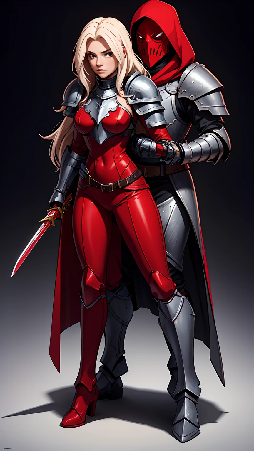 ((full body photo))) 1 cuffed behind
A girl albino knight with long hair wearing heavy armor with a red hood carrying long swords