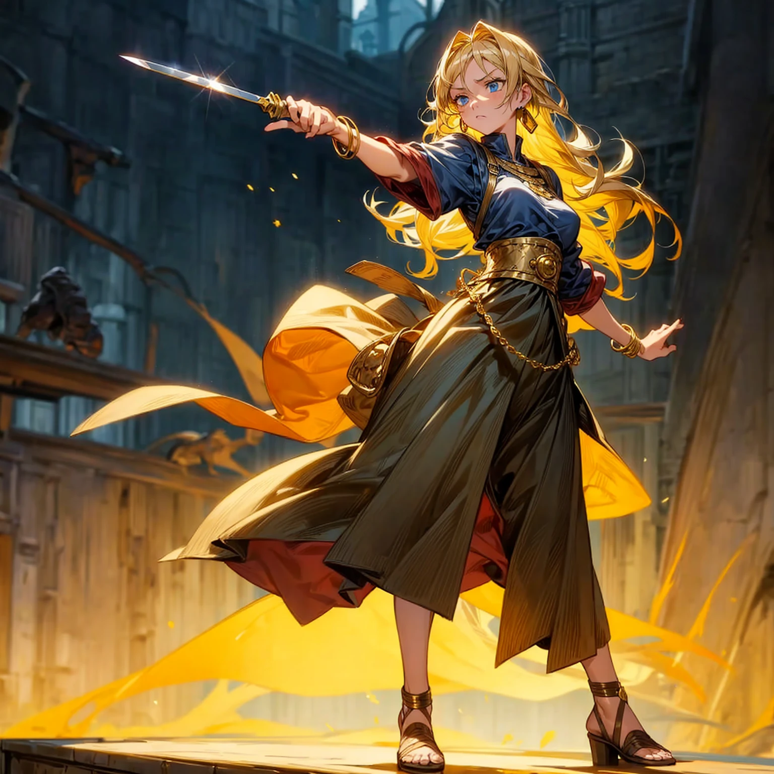 1girl, Full body version, 1character, adult version, blue eyes color, long Curly haircut, blonde colour hair, Gold earrings, gold bracelets, medieval style clothing, knife Assassin in hand Grassroots, background in Town square, motion blur, standing gesture, (attack on Titan style art)