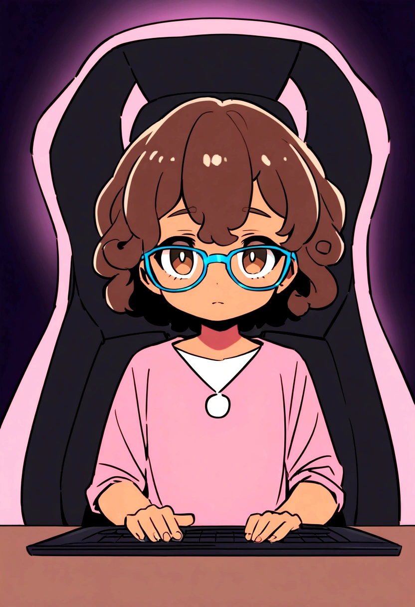 Image of one in Pixar format, brunette skin,
Clear glasses, wearing a beautiful pink blouse,
sitting in a gaming chair in front of a desk with just a laptop, age 25, slightly curly hair,
brown eyes and dark background.
looking at the camera. front facing shot.