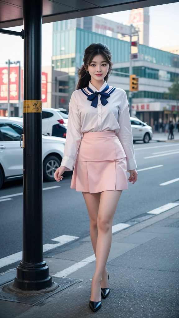 A beautiful Sichuan girl,20 years old,young and beautiful,Airline stewardess,穿着Airline stewardess服装,Stand on the high street,Gentle and charming,(Natural eyes:1.8),Exquisite facial features,Smile,Hip skirt,High heel,Sexy,Elegant posture