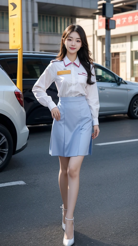 A beautiful Sichuan girl,20 years old,young and beautiful,Airline stewardess,穿着Airline stewardess服装,Stand on the high street,Gentle and charming,(Natural eyes:1.8),Exquisite facial features,Smile,Hip skirt,High heel,y,Elegant posture