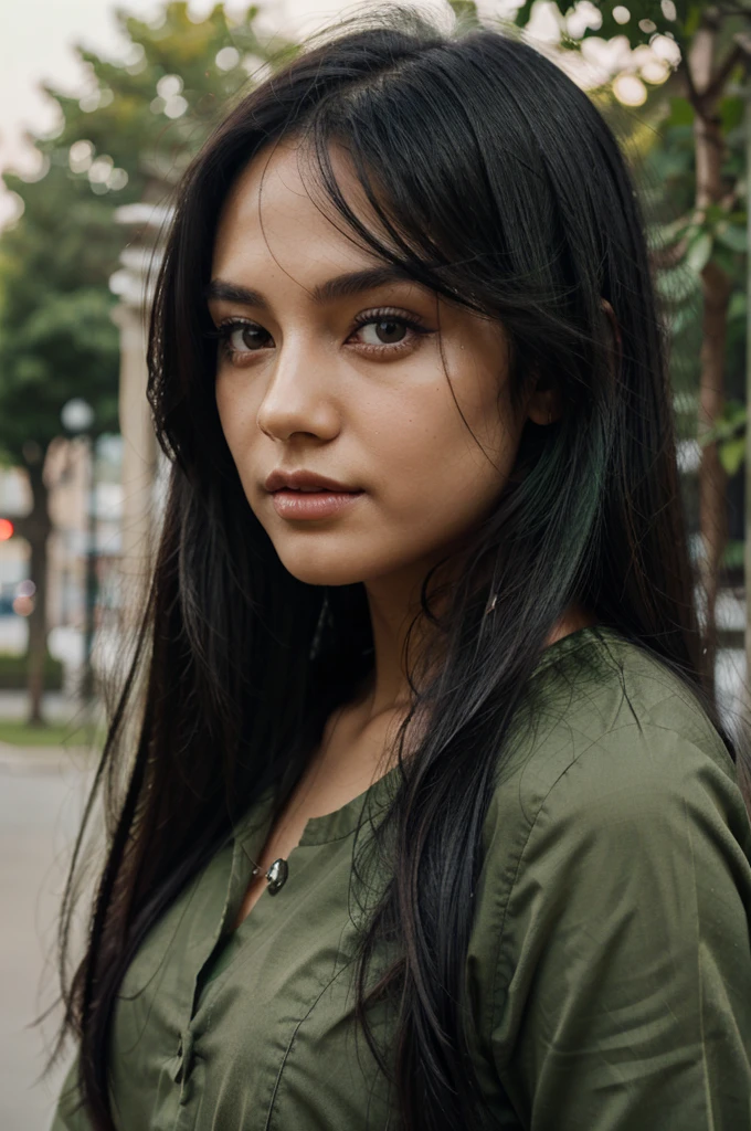 Girl,long black hair,dark green skin,green eye