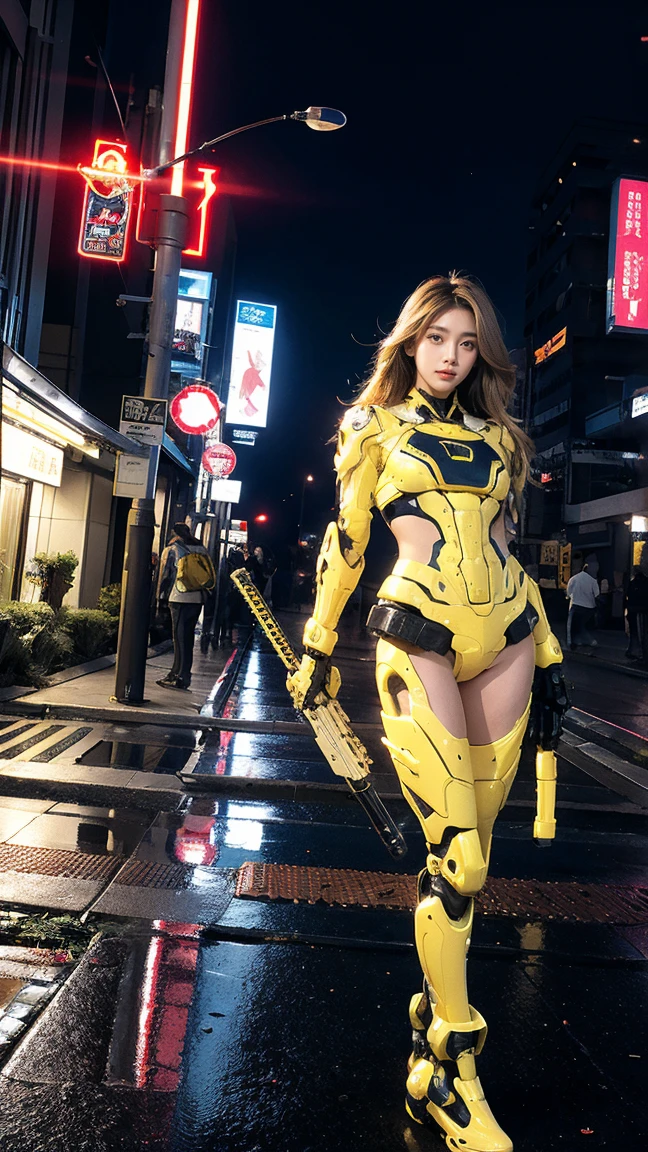 photorealistic, high resolution, soft light,1women, solo, hips up, (detailed face), white long hair, narutal big breast, yellow and black suit, cybersamurai, cyborg at leg and arm, naked body, small breast, cyberpunk, holding gun, glowing, gun, sniper, on the street, with mecha