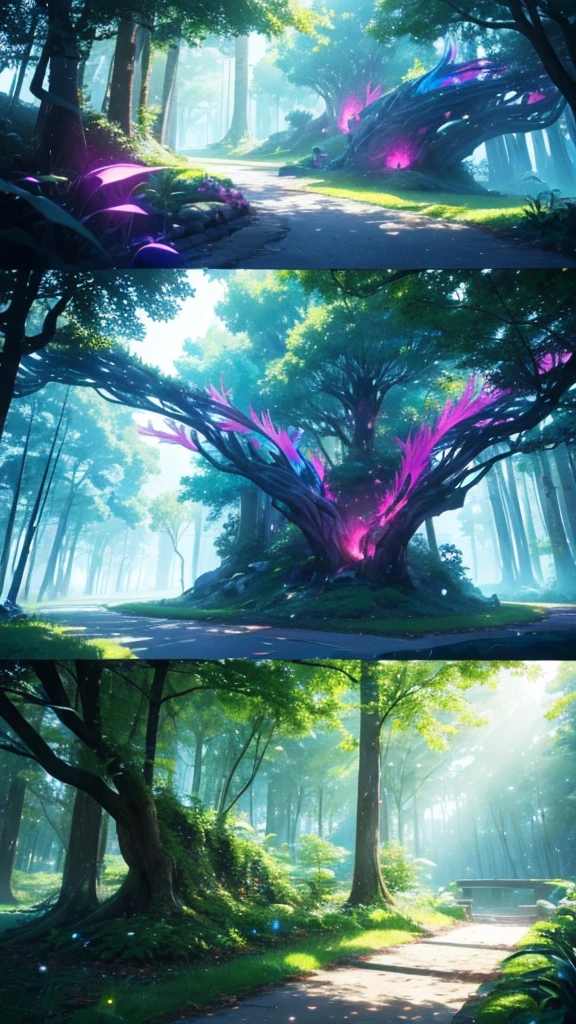 "Create an art piece where a mystical forest blends seamlessly with flelements, inspired by the vibrant color palettes and dynamic angles commonly found in anime. Capture the essence of both nature and technology coexisting harmoniously."