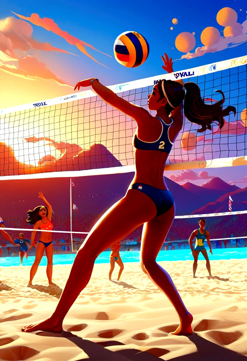 Beach Volleyball, by lois van baarle, full body, cinematic still, cinemascope, best quality, masterpiece, very aesthetic, perfect composition, intricate details, ultra-detailed, vivid colors