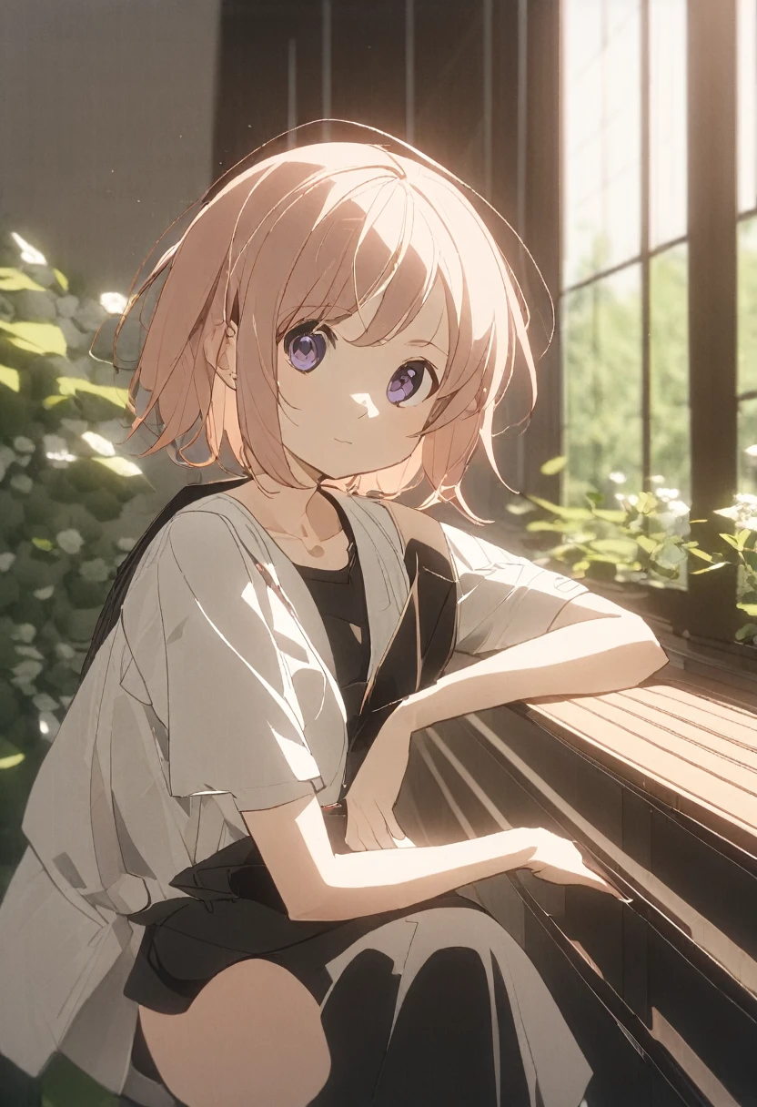 (masterpiece, Very detailed, Exquisite, beautiful, Full HD, High resolution, Absurd), Lilia, A girl with long pink hair, blue eyes, a white dress with black lace, a big pink ribbon on her chest, a white flower hair ornament around her right ear. In the quiet garden, Sitting on a bench, afternoon, Balanced, Eye level shot, Soft and natural light, Character Faces, Smooth, peaceful, anime style, attractive anime, pixiv fan art