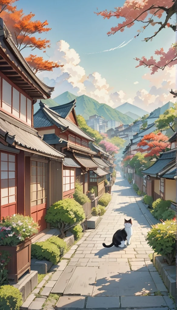 Long Shot、The subject is small、Three-haired cat、Cats only、Three-haired cat strolling around as if it owns the place、Three-haired cat walking on the promenade、Old Japan cityscape、Plant-lined path、Different world、Create silence、