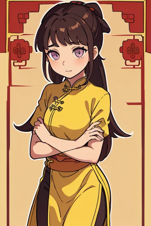 ( Best Quality, ancient china, a girl ignoring someone, long yellow chinese dress), long hair tied in a ponytail, Brown hair, tender lilac eyes, short sleeves
