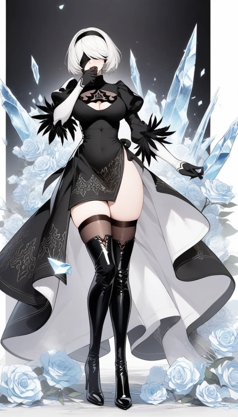 masterpiece, best quality, very aesthetic, absurdres, 1girl, mature_lady, full body, ,2b_(nier:automata), nier:automata, nier_(series), 1girl, short_hair, white_hair, covered_eyes, black_blindfold, black_hairband, hairband, black_dress, dress, feather-trimmed_sleeves, feather_trim, gloves, juliet_sleeves, long_sleeves, puffy_sleeves, thighhighs, thighhighs_under_boots,talking_on_phone ,smartphone, one hand covering own mouth, covering_own_mouth ,tears in eyes,embarrassed,saliva,rose,dark_background,  flower, ice_flower, icicle,,floating_clothes