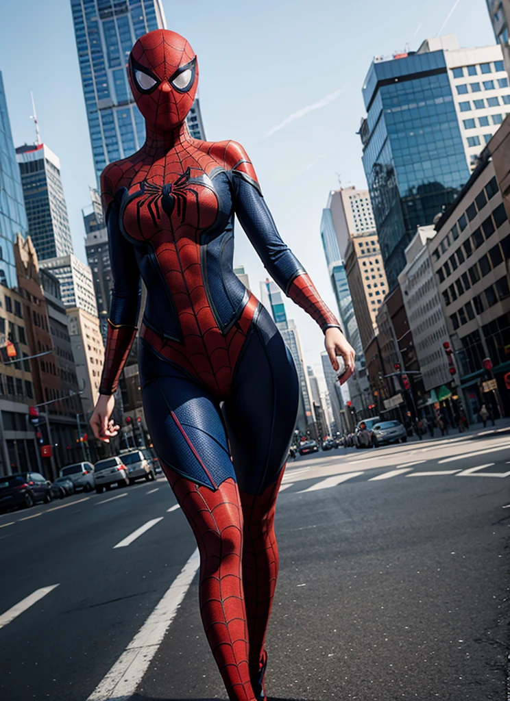 A bald girl,Female Spider-Man,Wearing Spider-Man mask,No hair,no hair, Red tights mesh pattern,Jumping between skyscrapers,Full figure,huge breasts, huge ass, Camel toe,sexy uniform, Light and shadow effects,Fine image quality,excellent work,8K