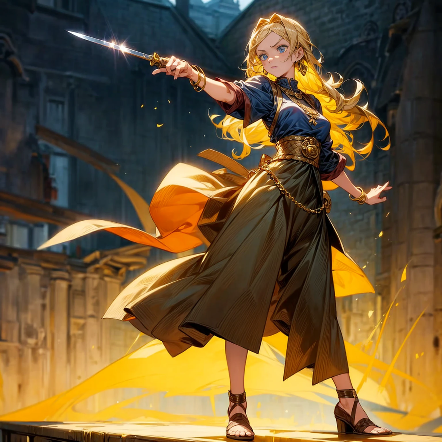 1girl, Full body version, 1character, adult version, blue eyes color, long Curly haircut, blonde colour hair, Gold earrings, gold bracelets, medieval style clothing, knife Assassin in hand Grassroots, background in Town square, motion blur, standing gesture, (attack on Titan style art)