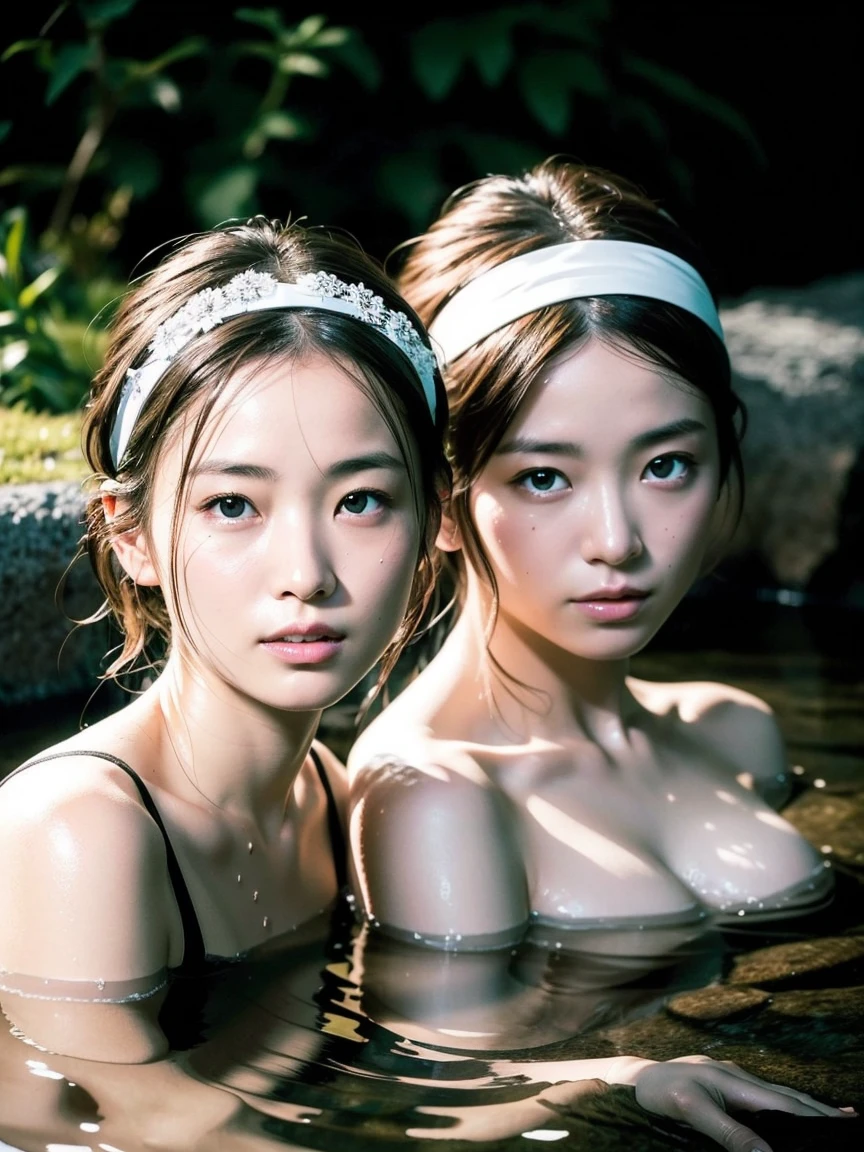 Highest quality, masterpiece, Ultra-high resolution, Supermodels soaking in Japanese hot springs, Outdoor hot spring, Stone hot spring, Moss and tree々Surrounded by, Super beautiful face, Pure Body, I can see my pores, (smile:0.8), Wearing split (Lace Headband:1.2), (realism:1.5), Original photo, Soaking wet, Sweaty, Bare shoulders, In the Dark, Deep Shadow, Modest, Cold Light