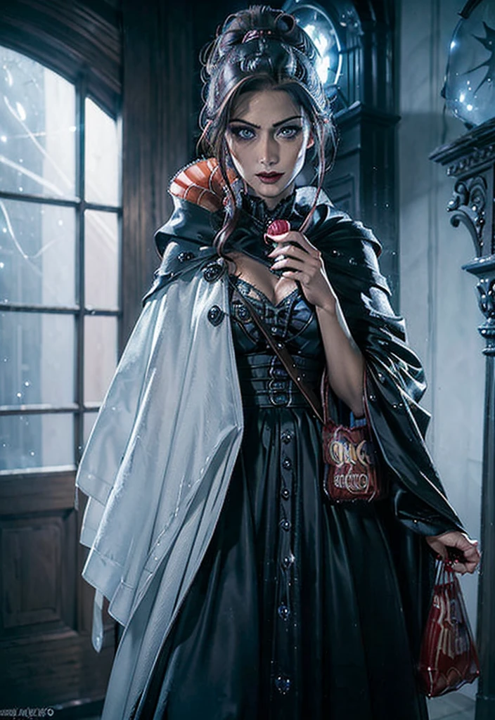 a portrait of (Pixar art: 1.5)  icture of vampire standing in the front of her home holding a (candy bag: 1.2), an exquisite beautiful female vampire in her front door of her home, full body (ultra detailed, Masterpiece, best quality), ultra detailed face (ultra detailed, Masterpiece, best quality), grey skin: 1.3 , blond hair, hair in a ponytail, long hair, blue eyes, cold eyes, glowing eyes, intense eyes, smile with [drops of blood on face] (ultra detailed, Masterpiece, best quality), dark red lips, [vampire fangs], wearing white dress (ultra detailed, Masterpiece, best quality), dark blue cloak, high heeled boots in front of her home, (holding a candy bag: 1.4), high details, best quality, 16k, [ultra detailed], masterpiece, best quality, (ultra detailed), full body, ultra wide shot, photorealism, luis royo style, dark fantasy art, moon light coming through the window, moon rays, gothic art, sense of dread, sense of seduction,pixarstyle