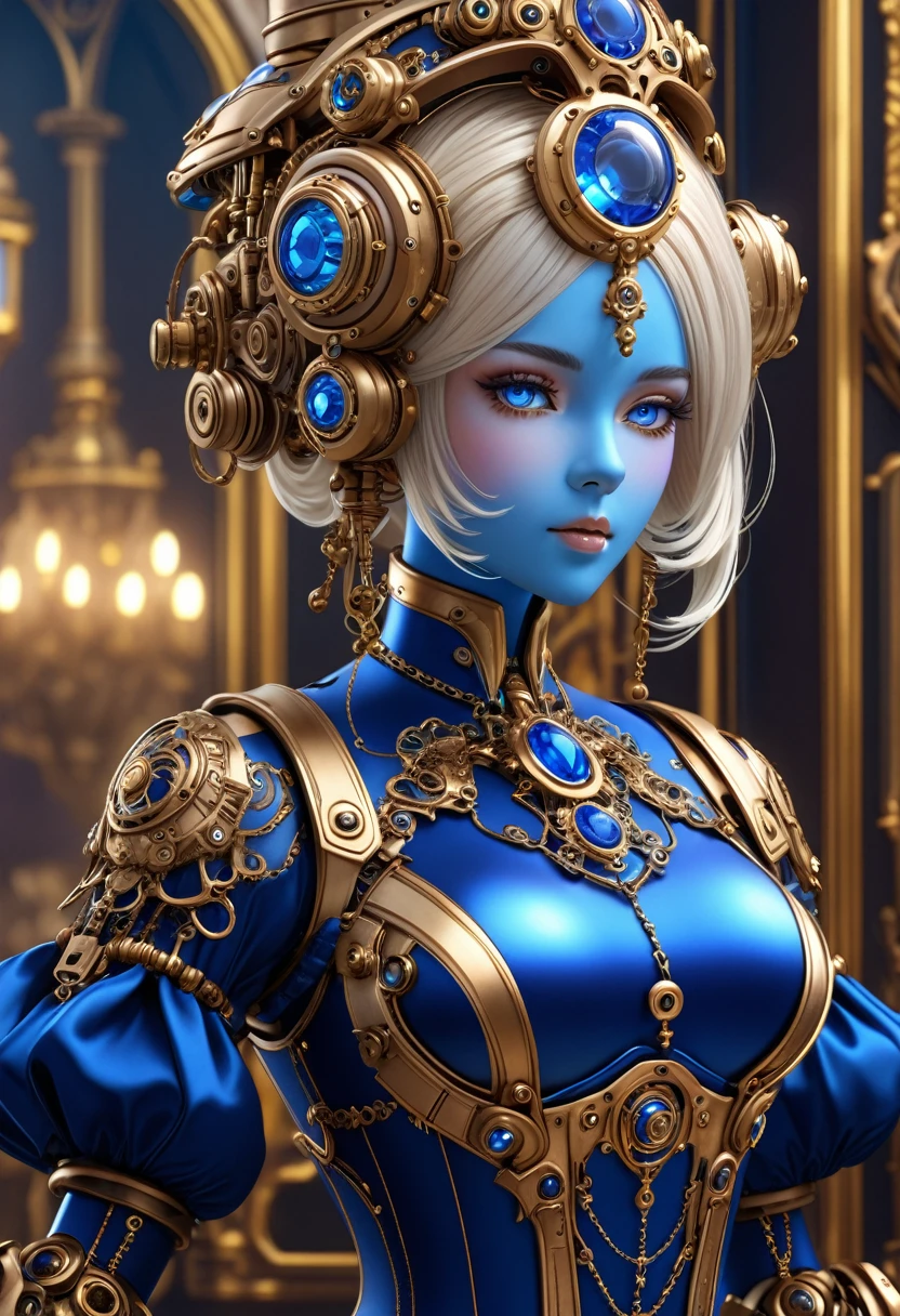 A steam punk style sapphire robot with a human like sapphire face. female figure. Wearing wig of spun sapphire. Ultra HD, Rococo-Inspired Fantasy Art With Intricate Details. (8K High Resolution) (top-quality)
