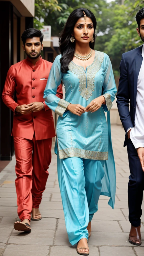 lady walking in a indian straight wearing salwar kameez with hand bag and boys are looking them