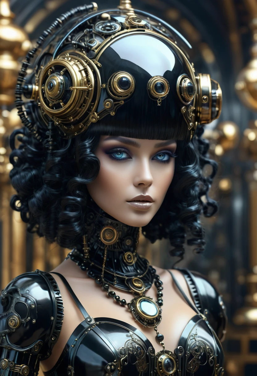 A steam punk style obsidian robot with a human like obsidian face. female figure. Wearing wig of spun obsidian. Ultra HD, Rococo-Inspired Fantasy Art With Intricate Details. (8K High Resolution) (top-quality)