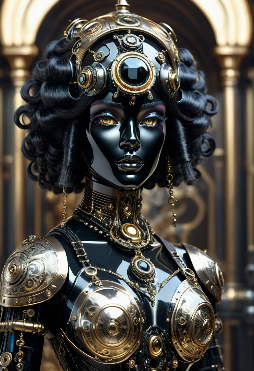 A steam punk style obsidian robot with a human like obsidian face. female figure. Wearing wig of spun obsidian. Ultra HD, Rococo-Inspired Fantasy Art With Intricate Details. (8K High Resolution) (top-quality)