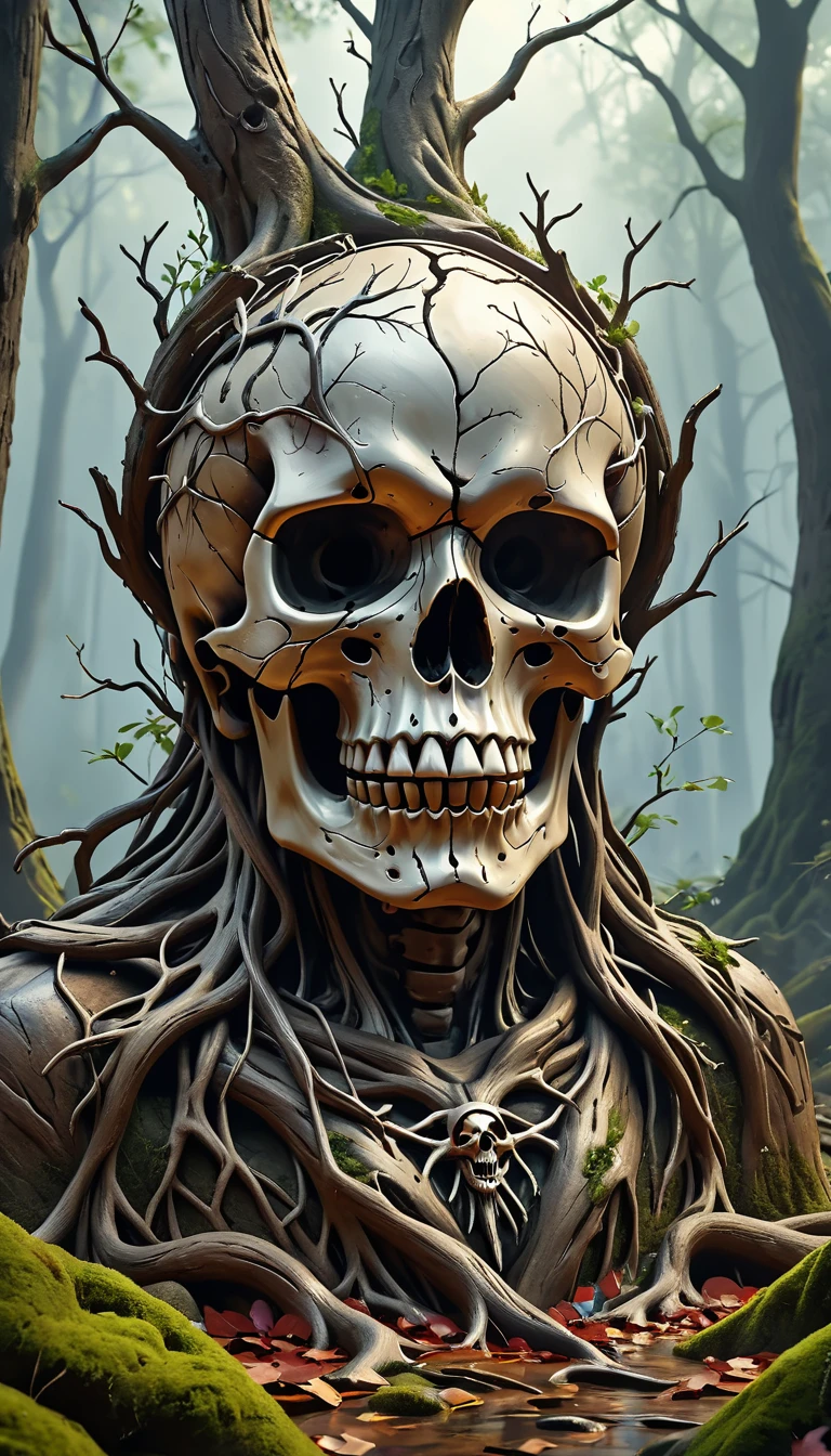 (Best image quality, 4K, 8K, high resolution, masterpiece: 1.2), Extremely detailed, Practical: 1.37, Metal skull head close-up, An altar made of abstract twisted tree roots,Pulling a very large (Mysterious skull made of metal), Glowing eyes, There's a creepy waterfall above the skull, (rainbow, rainbow around the skull), Energetic, The circular composition demonstrates the role of various structural forces, Solitary, (Steampunk decorative elements, gear, and other elements). pointer, Chain wonderful decoration combination,