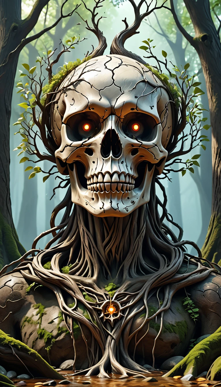 (Best image quality, 4K, 8K, high resolution, masterpiece: 1.2), Extremely detailed, Practical: 1.37, Metal skull head close-up, An altar made of abstract twisted tree roots,Pulling a very large (Mysterious skull made of metal), Glowing eyes, There's a creepy waterfall above the skull, (rainbow, rainbow around the skull), Energetic, The circular composition demonstrates the role of various structural forces, Solitary, (Steampunk decorative elements, gear, and other elements). pointer, Chain wonderful decoration combination,