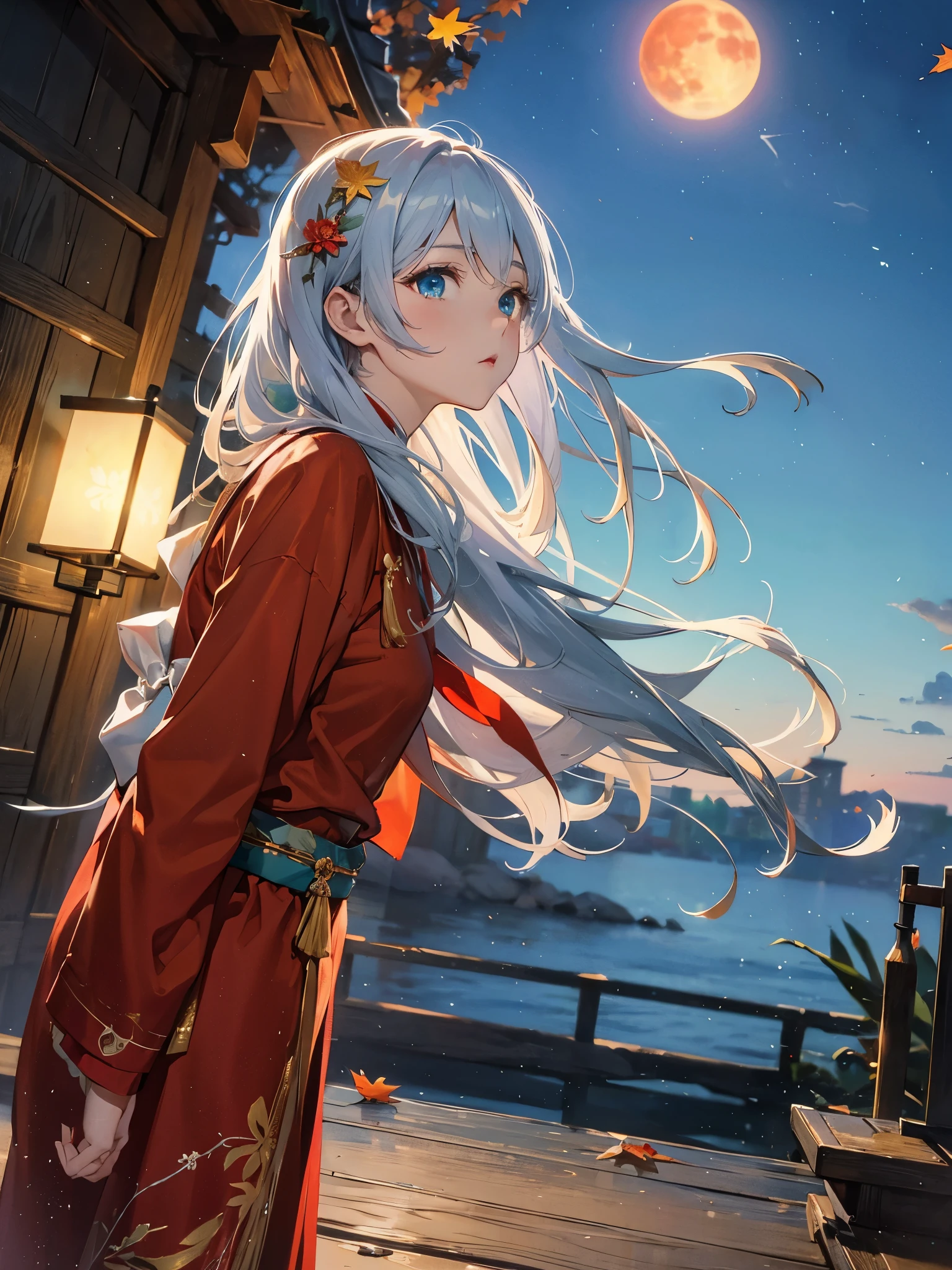 One girl,View your viewers,gem,ribbon,ribbon袖,Long white hair,White,Aqua green eyes,water彩画(curly),Colored pencil(curly),緑のribbon,(Blue rose:1.1), Mont, evening, fallen leaves, ((autumn)), Hanfu, cloud, East Asian architecture, bird, Expressionless face, building, Red Rose, rosette, Yuki, Snow Flower, Fiery, (water戸 渚四郎:1.2 ), Sky Sky, blue sky, Red Moon, Red dress, moisture, rain, water, White flower, Blue Flower, Yellow Flower, meteor, Starry Sky, wood, Green background, Rainbow colors, Bloods, Home,Street,(Rios:0.8),(Ocean:0.8),(Takito:0.8),I can't get my hands in my sleeves,lamp post,The lamp lights up,(night:1.255)