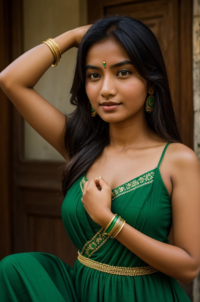 Make a Nepalese girl wearing a green dress and 2 armfuls of green bangles