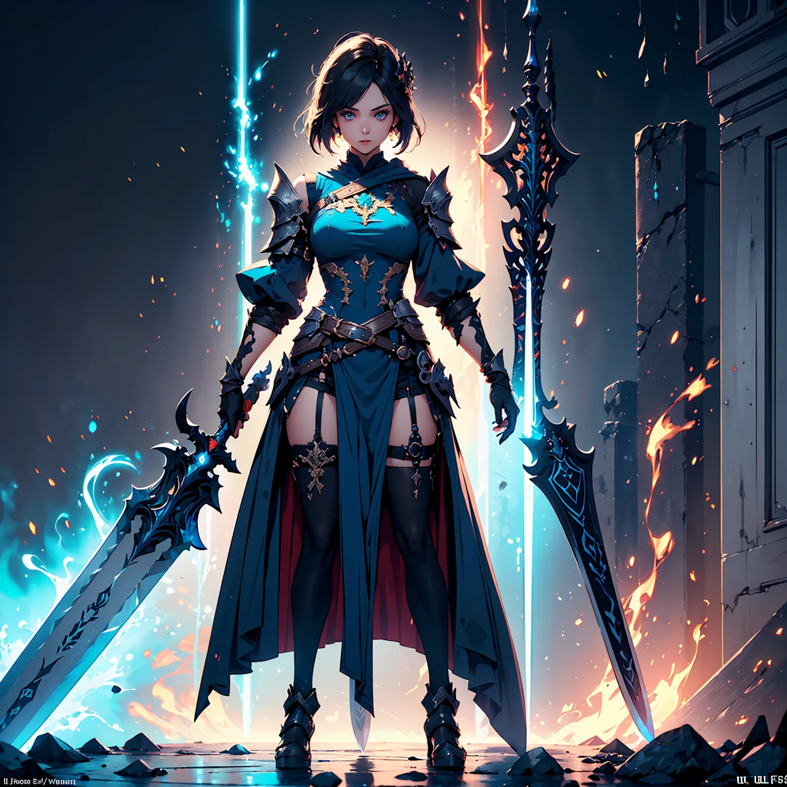 Design a layout showcase Gaming character, (1girl). Golden+Purle clothes, stylish and unique, ((showcase weapon:1.4)), magic staff, (masterpiece:1.2), (best quality), 4k, ultra-detailed, (Step by step design, layout art:1.5), (luminous lighting, atmospheric lighting), magican, ((glove full hands)), (((revealing clothes:1.3))), vambraces, armored legwear, (((full_body_shot:1.4)))