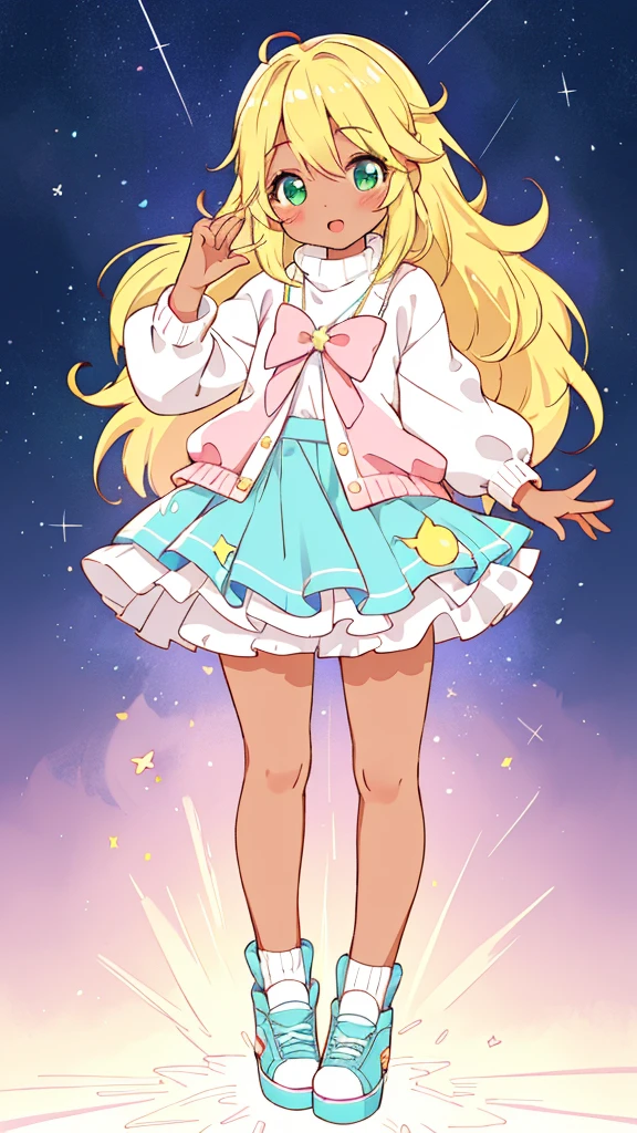 (best quality,4k,8k,highres,masterpiece:1.2),ultra-detailed,(realistic,photorealistic,photo-realistic:1.37),character design,fullbody,kawaii,design,fashion,sky blue and lime green color palette,adorable,characters,dark skin,miniskirt,fluffy sweater,lace stockings,platform sneakers,cute room,cosy environment,soft lighting,vibrant colors,Waifu style,expressive eyes,long eyelashes, playfulness, innocence, confident, happy, dynamic pose, standing, surrounded by floating pastel-colored hearts, surrounded by glittering stars, holding a plushie, surrounded by flowers, dreamlike background, sun rays breaking through the clouds, touch of magic, hand-drawn style, neat lines, clean and smooth shading, details on clothing and accessories, attention to facial expressions and body language, emphasis on cute and charming features, lively and energetic vibe.