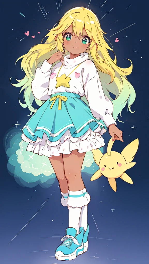 (best quality,4k,8k,highres,masterpiece:1.2),ultra-detailed,(realistic,photorealistic,photo-realistic:1.37),character design,fullbody,kawaii,design,fashion,sky blue and lime green color palette,adorable,characters,dark skin,miniskirt,fluffy sweater,lace stockings,platform sneakers,cute room,cosy environment,soft lighting,vibrant colors,Waifu style,expressive eyes,long eyelashes, playfulness, innocence, confident, happy, dynamic pose, standing, surrounded by floating pastel-colored hearts, surrounded by glittering stars, holding a plushie, surrounded by flowers, dreamlike background, sun rays breaking through the clouds, touch of magic, hand-drawn style, neat lines, clean and smooth shading, details on clothing and accessories, attention to facial expressions and body language, emphasis on cute and charming features, lively and energetic vibe.