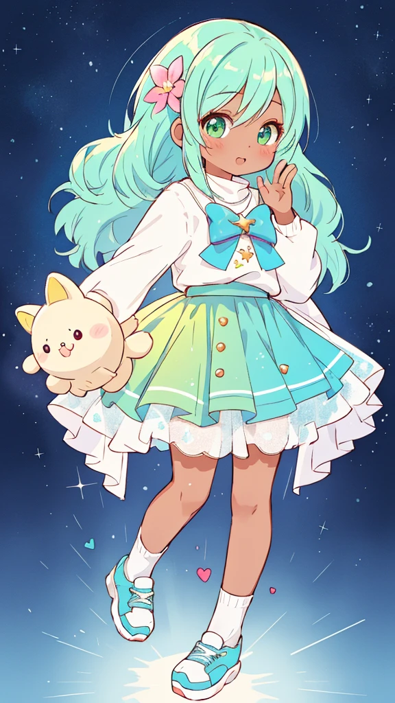 (best quality,4k,8k,highres,masterpiece:1.2),ultra-detailed,(realistic,photorealistic,photo-realistic:1.37),character design,fullbody,kawaii,design,fashion,sky blue and lime green color palette,adorable,characters,dark skin,miniskirt,fluffy sweater,lace stockings,platform sneakers,cute room,cosy environment,soft lighting,vibrant colors,Waifu style,expressive eyes,long eyelashes, playfulness, innocence, confident, happy, dynamic pose, standing, surrounded by floating pastel-colored hearts, surrounded by glittering stars, holding a plushie, surrounded by flowers, dreamlike background, sun rays breaking through the clouds, touch of magic, hand-drawn style, neat lines, clean and smooth shading, details on clothing and accessories, attention to facial expressions and body language, emphasis on cute and charming features, lively and energetic vibe.