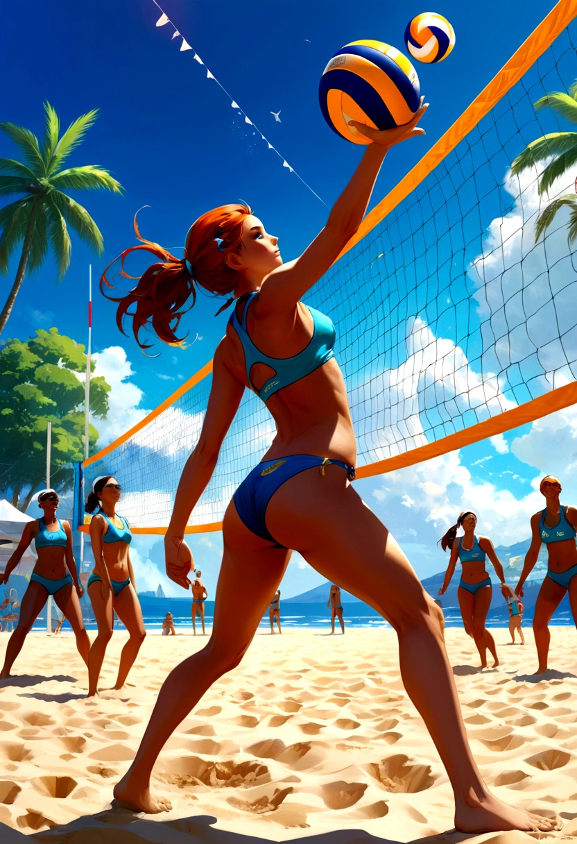 Beach Volleyball, by lois van baarle, full body, cinematic still, cinemascope, best quality, masterpiece, very aesthetic, perfect composition, intricate details, ultra-detailed, vivid colors