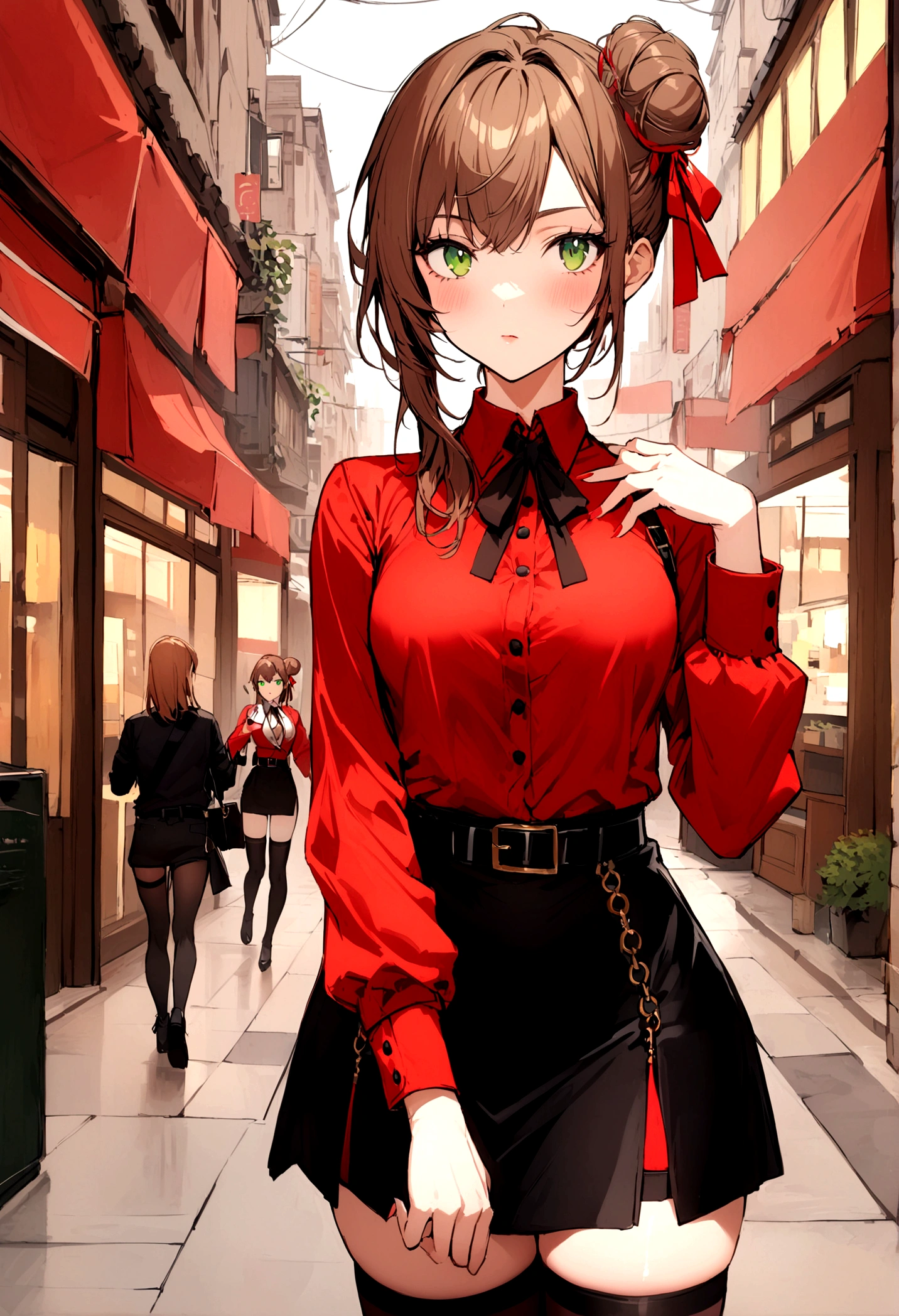 Girl, brown hair, green eyes, small side bun near top of head tied with small red ribbon, black skirt, thigh highs, refined eloquent modern day business, red shirt, belt