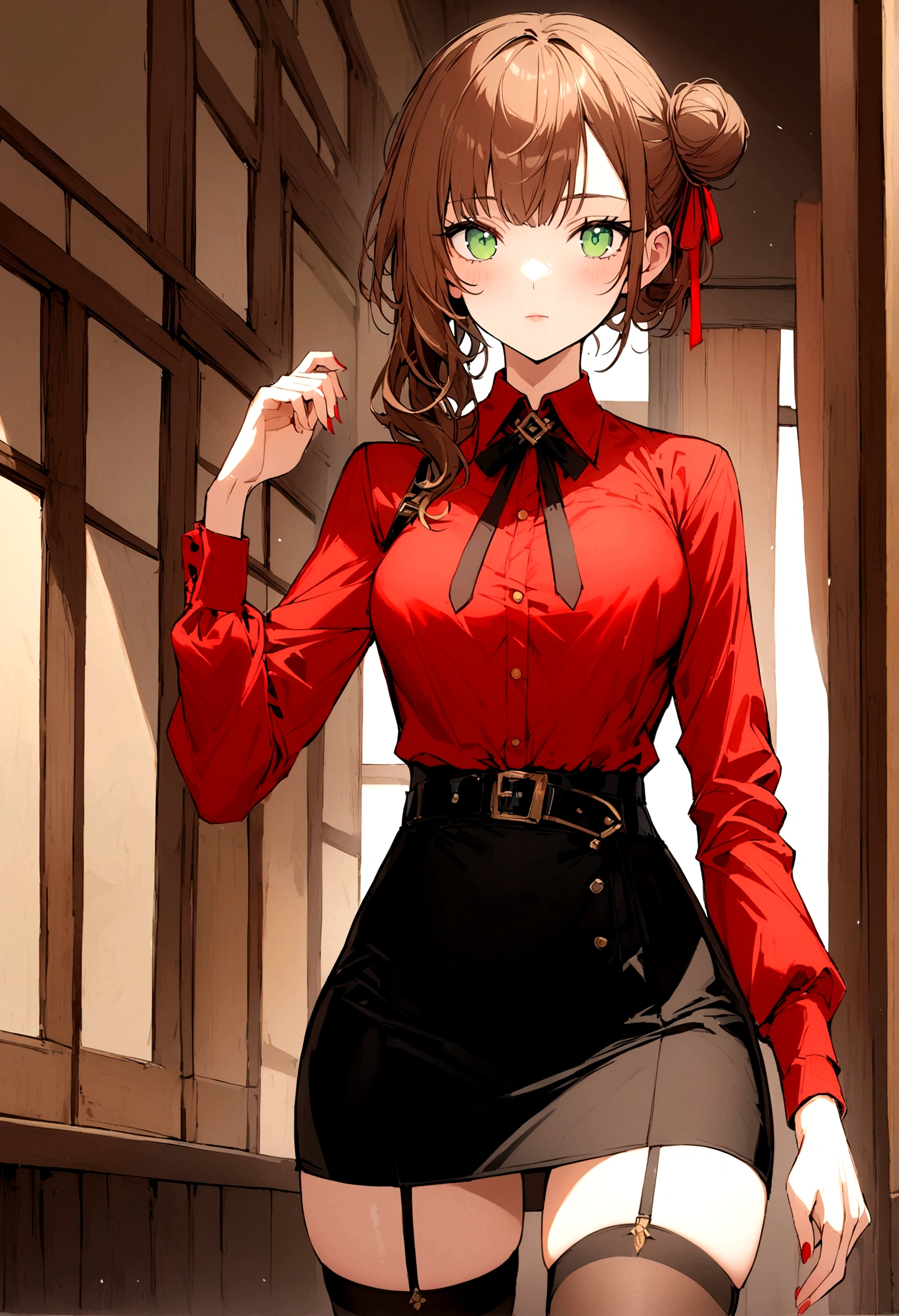 Girl, brown hair, green eyes, small side bun near top of head tied with small red ribbon, black skirt, thigh highs, refined eloquent modern day business, red shirt, belt