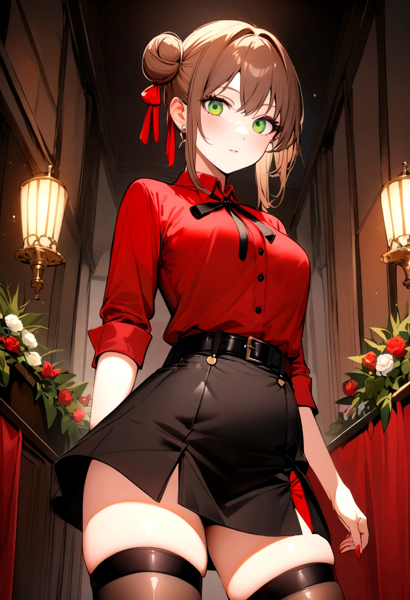 Girl, brown hair, green eyes, small side bun near top of head tied with small red ribbon, black skirt, thigh highs, refined eloquent modern day business, red shirt, belt