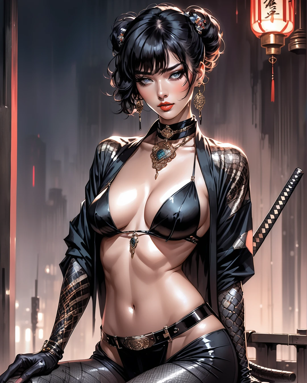 In a dimly lit, smoky cyberpunk club, a femme fatale cyborg sits solo, her mechanical joints gleaming in the flickering light. Her striking features, framed by short hair and bangs, are adorned with jewelry and a black choker. she pets a snake that gazes directly at the viewer. She wears a revealing seethrough kimono, paired with Japanese-style earrings, and holds a katana surrounded by the dark, gritty atmosphere. Her gaze is sultry, exuding an air of sexy sophistication, as if inviting the viewer to enter her world. The scene is set in a Conrad Roset-inspired style, with a focus on dark, muted tones and industrial textures.,core_9,scary, (masterpiece:1.2),ct-virtual,dcas_lora
