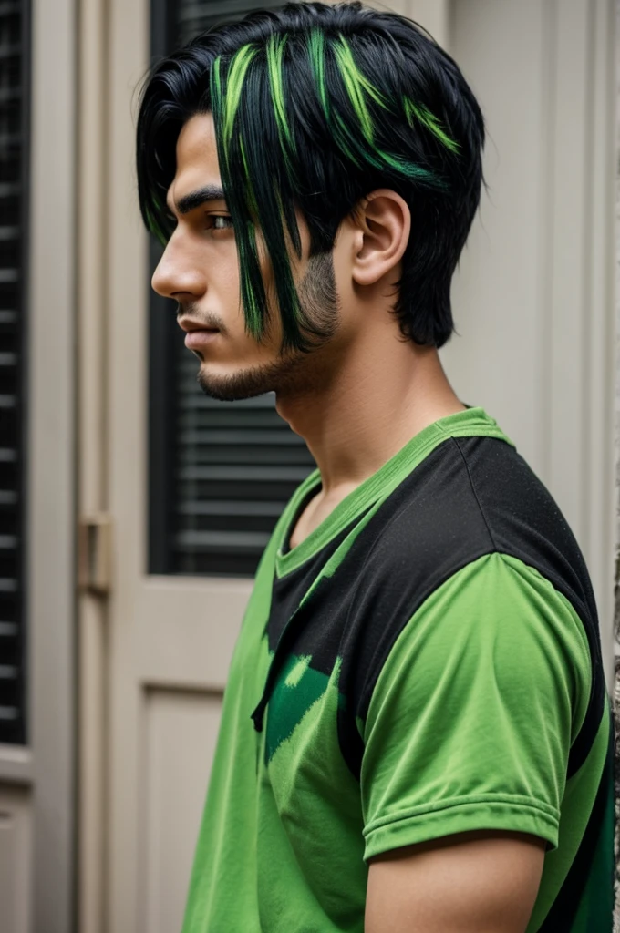 A boy with black hair with green streaks 