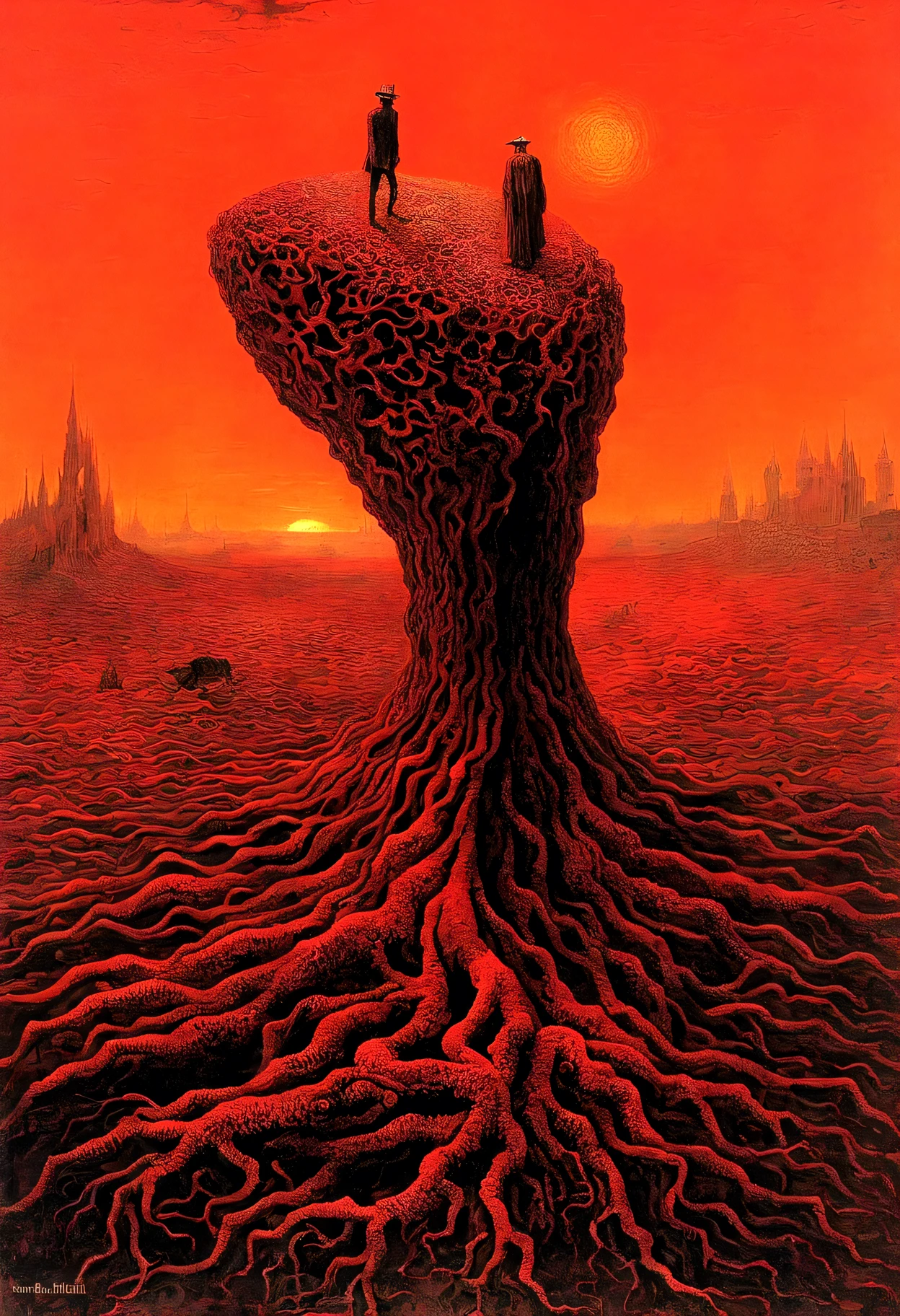 Mythical creatures, author：Zdzislaw Beksiński and Vincent Van Gogh, Album cover, romantic, Surrealism, Futuristic ,Smiling Corpse, Coral, Wizard, Abstracted, dark, red, landscape