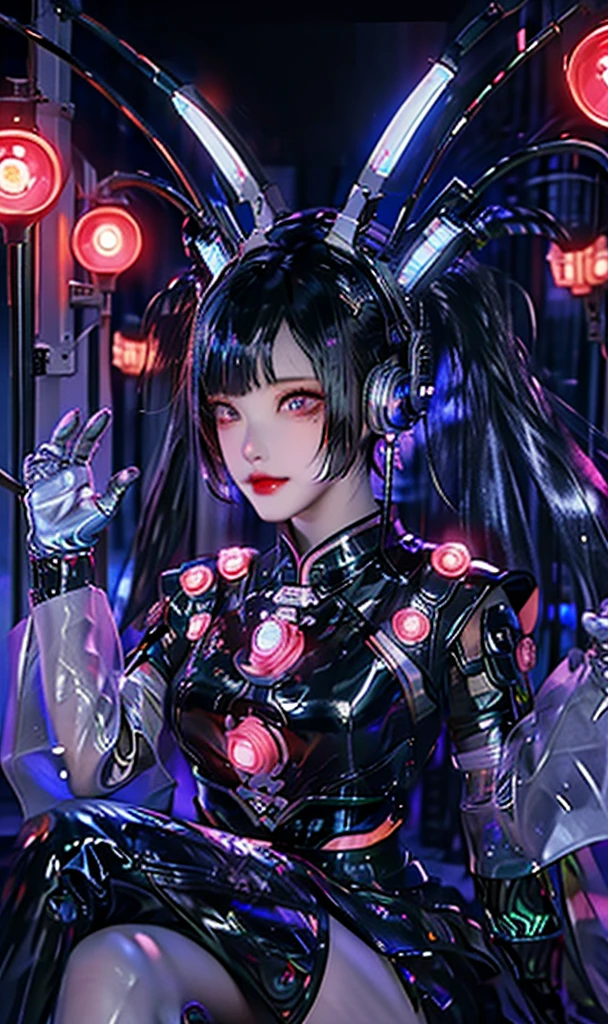 2 girls, japanese kimono outfits, metallic black and pink titanium, cyberhan, cheongsam, cyberpunk city, dynamic pose, detailed glowing headphones, glowing hair accessory, long hair, big breasts, glowing earrings, glowing necklace, cyberpunk, tech city high, full of mechanical and futuristic elements, futuristic, technology, glowing neon, pink, pink light, sexy skirt, see-through black cloak, laser light, urban sky digital background, big moon, with vehicles, top quality, masterpiece, 8K, Character edge light, super high detail, high quality, the most beautiful woman among humans, smile, face facing forward and left and right symmetry, ear decoration, long antennae beam, beautiful pupils, light effects, visual data, silver dyed hair -red-orange, highly detailed facial texture, happy, weapon system, passersby on a busy street, mecha style, glowing antenna on top, rear jet, sitting girl